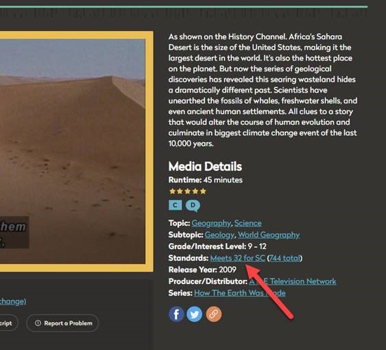 screen shot of media details on player page. Arrow points to standards.