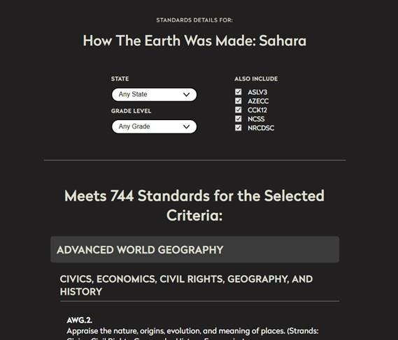 screen shot of standards for the video 'how the earth was made.' Fields for selecting state and grade level. Shows standards that are met.