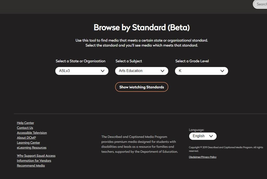 Screen shot shows browse by standards page. Fields to choose state, subject, grade level.