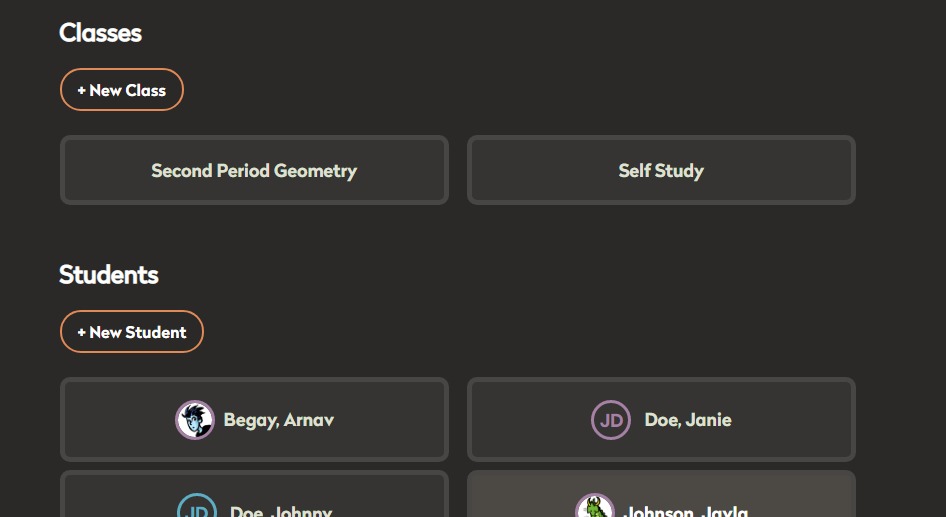 Screen shot of interface for creating and managing student accounts and classes.