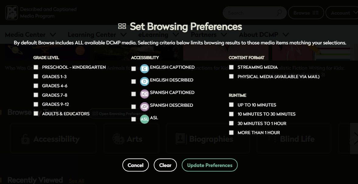 Screen shot of browsing preferences to select grade levels and type of accessiblity features for videos.