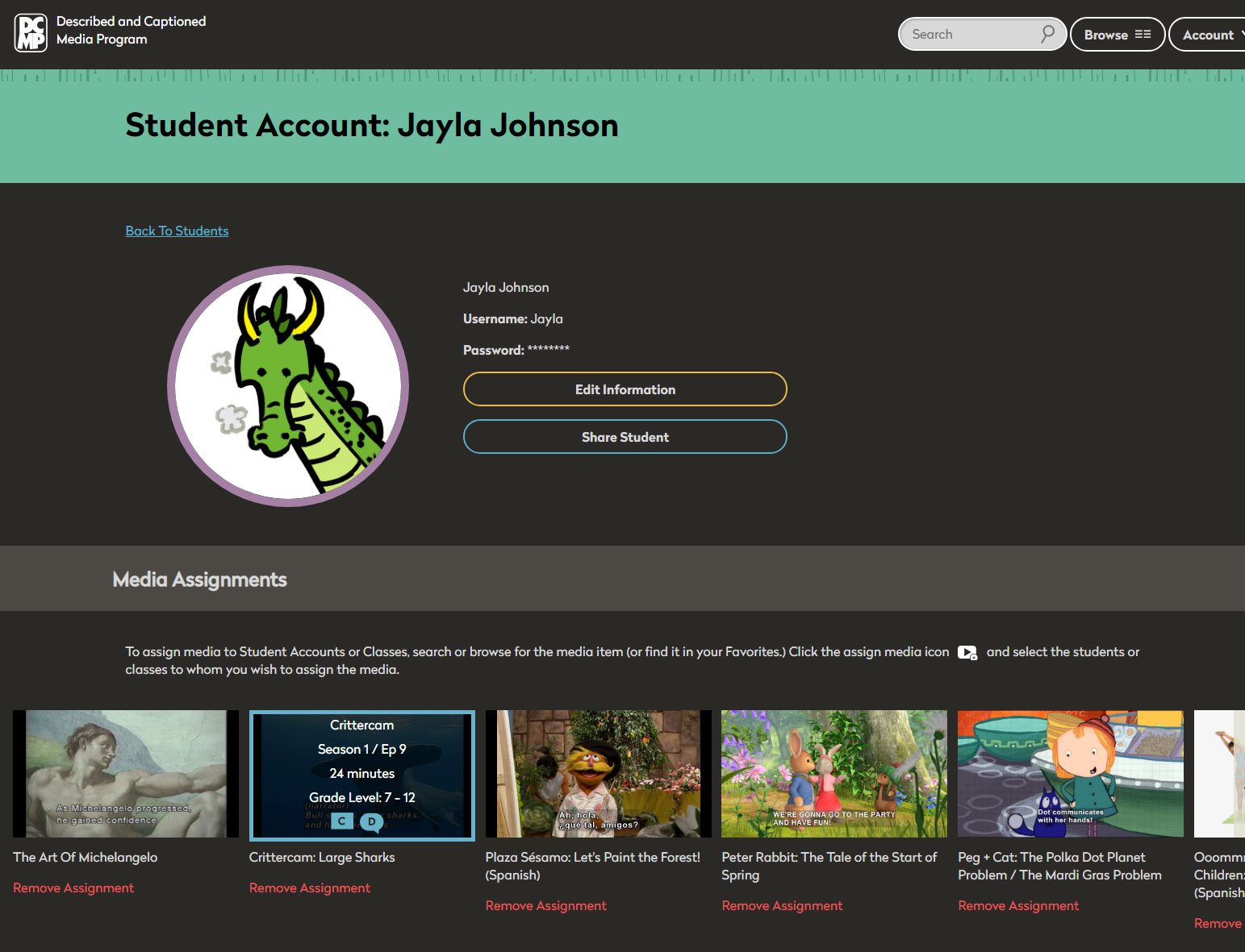 Screen shot of student account page with cartoon avatar, student name, and list of assigned media.