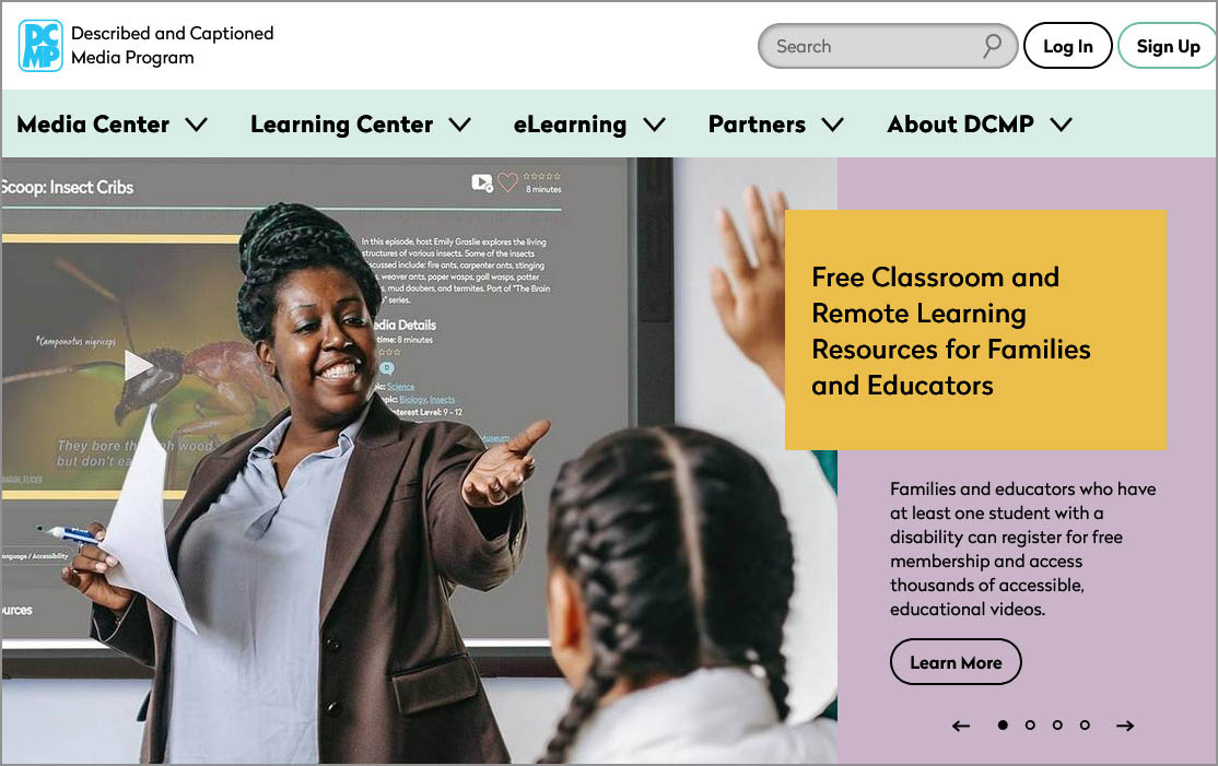 Screen shot of DCMP home page, one photo of a mother and two children sitting on a couch, and a second photo of a middle school classroom.