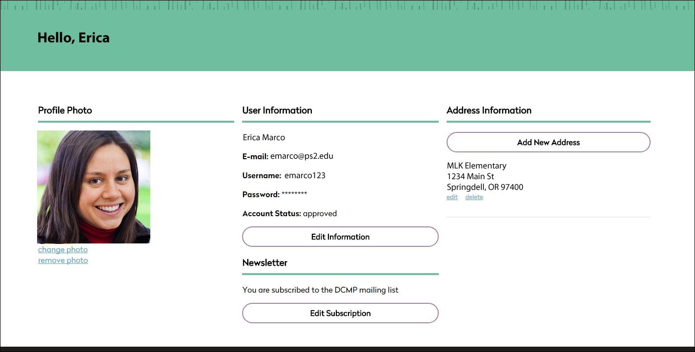 Settings shows user name, photo, edit, change photo. User information: name, email, username, account status, edit information. Newsletter, subscribe or unsubscribe. Address information, add new address.