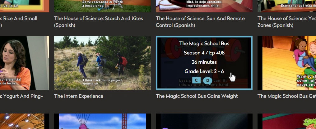 Series page shows video thumbnails. Pointer hovers over a thumbnail and it shows name of series, season and episode number, duration, grade levels, and icons for captions and description.