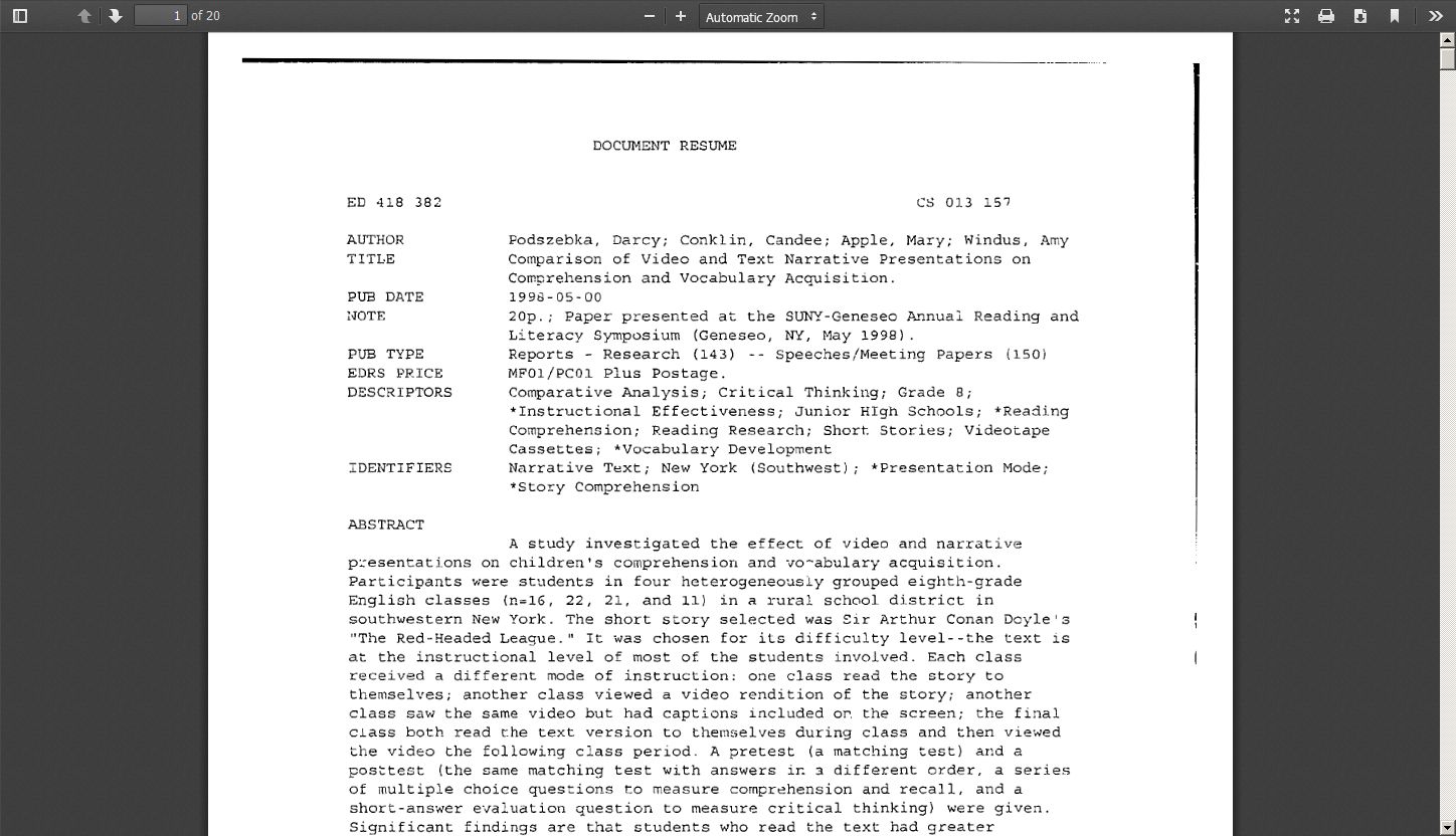 Comparison of Video and Text Narrative Presentations on Comprehension and Vocabulary Acquisition