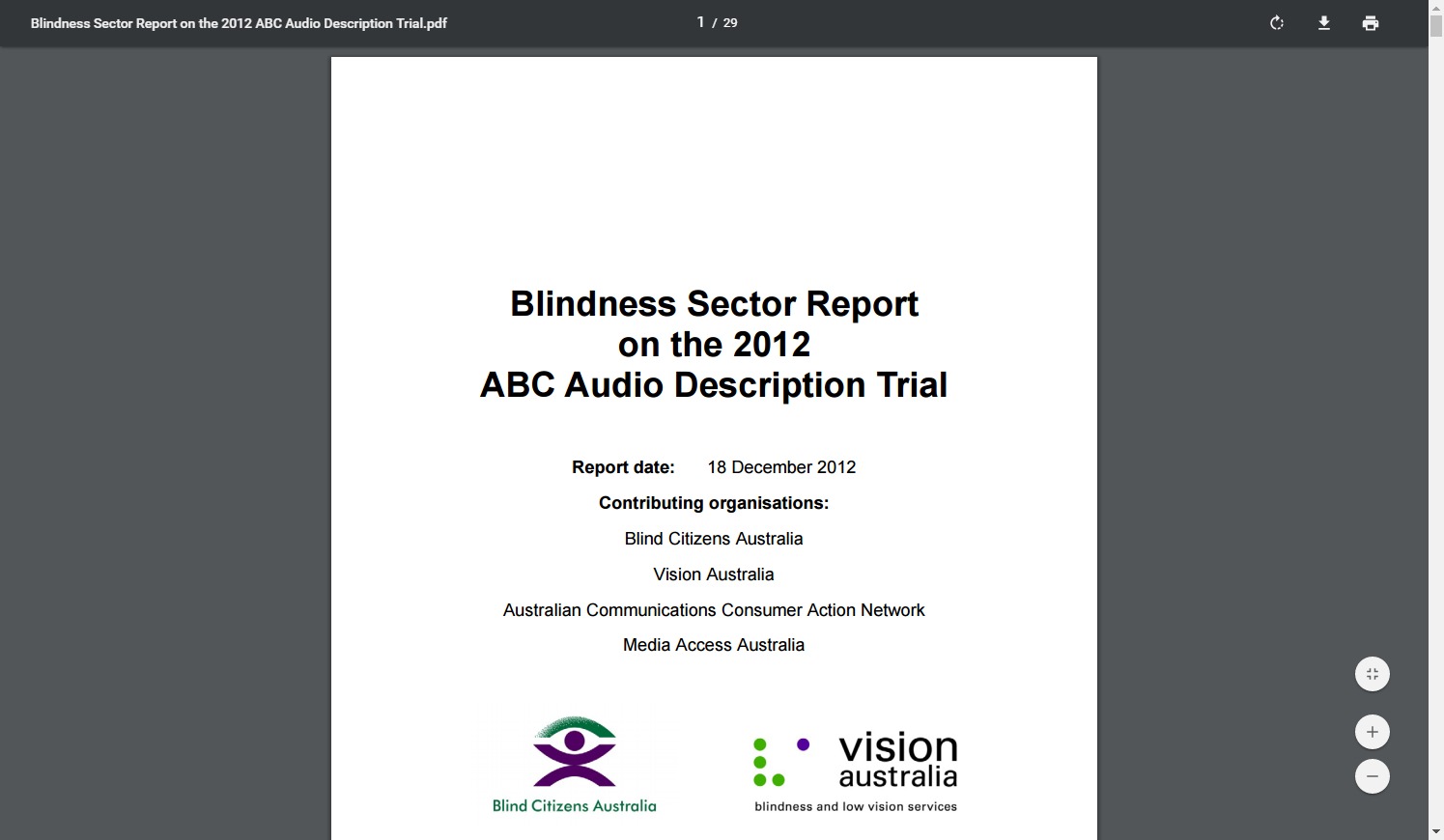 Blindness Sector Report on the 2012 ABC Audio Description Trial