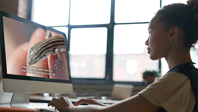 Image one: A young woman sits at a computer viewing a captioned video. Two: A teacher wearing a face mask stands near a small TV playing a video in the classroom. Three: A mother and daughter use a laptop computer. Four: A teacher wearing a face mask stands next to a smartboard showing the DCMP website.